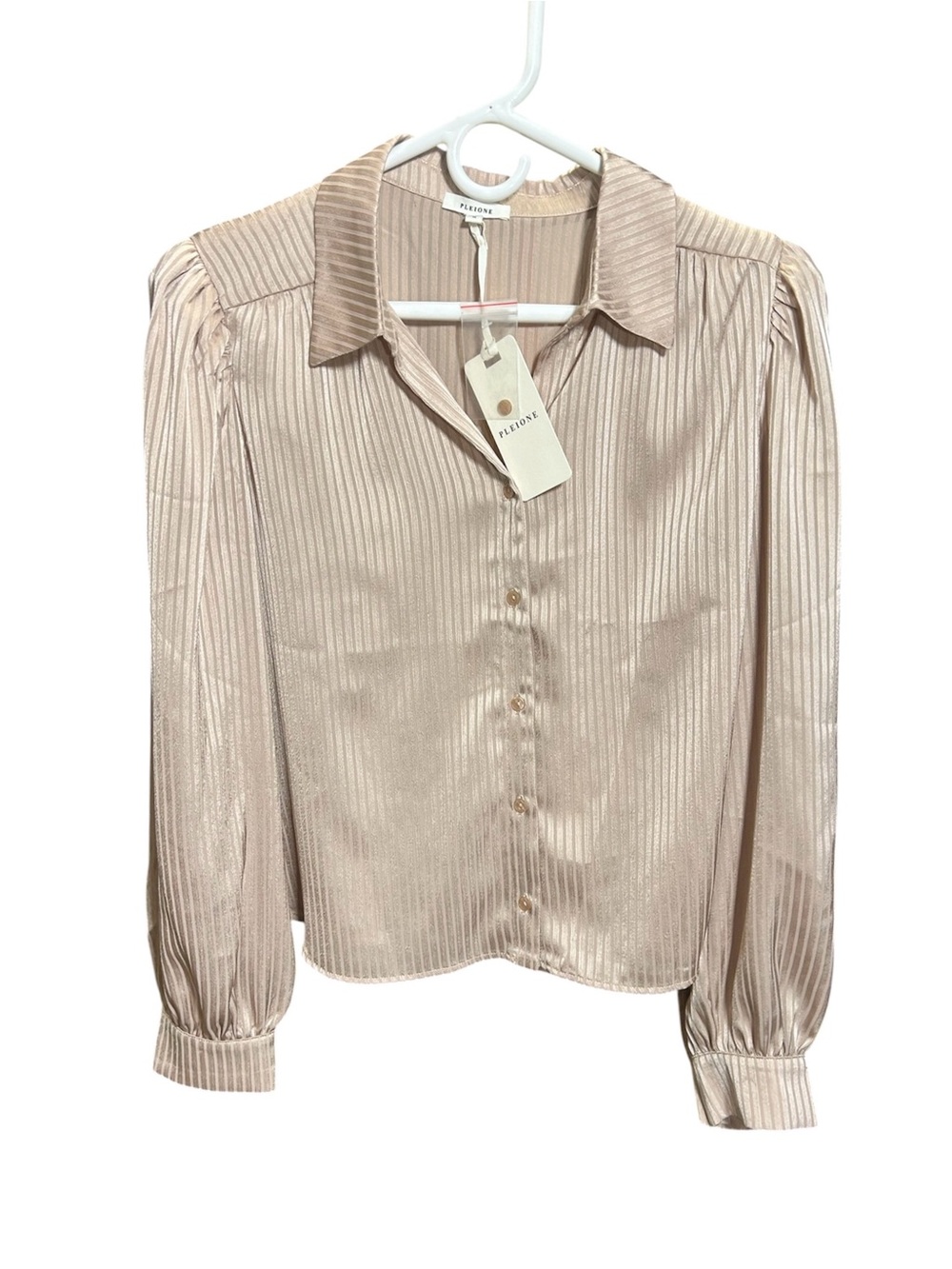 Pleione NWT Blush Pink Satin Stripe Button-Down Blouse, Size M